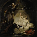 Northcote, James, artist. Romeo and Juliet, act V, scene III: Monument belonging to the Capulets : Romeo and Paris dead, Juliet and Friar Laurence. United Kingdom, 1790? - opens in new tab
