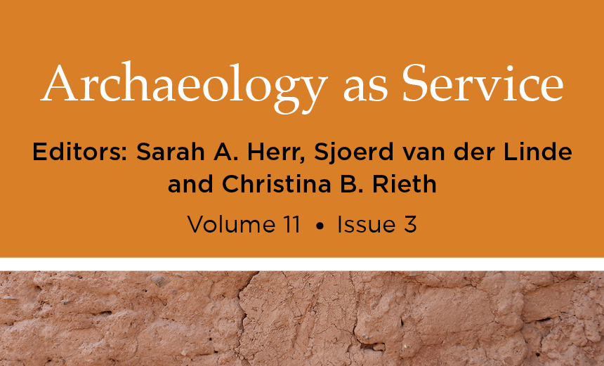Yellow background and AAP branding with text introducing the special issue - Archaeology as Service, Editors: Sarah A. Herr, Sjoerd van der Linde and Christina B. Rieth. Volume 11, Issue 3.