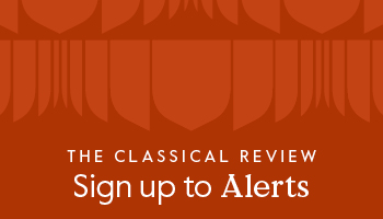 Orange background featuring the Cambridge shield and text that says The Classical Review - Sign up to Alerts