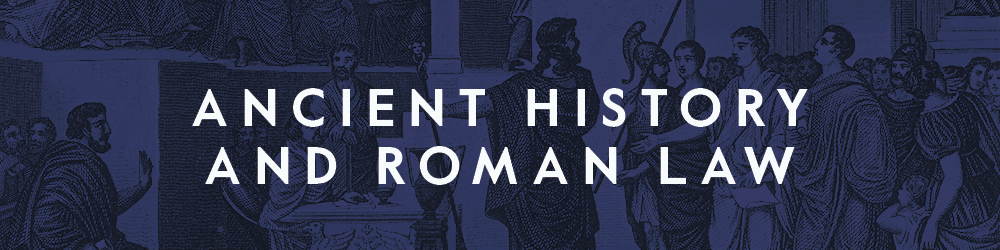 Test: Ancient History and Roman Law against a dark blue background with line illustrations of roman courts.