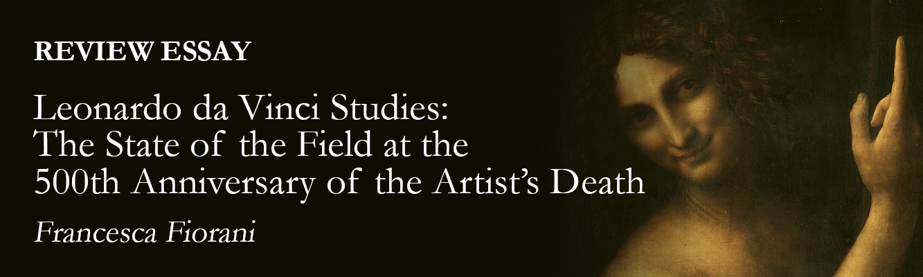 Image depicts a person with long hair pointing to upwards taken from 'Saint John the Bapitist' a painting by Leonardo da Vinci.  The words Review Essay Leonardo da Vinci Studies: The State of the Field at the 500th Anniversary of the Artist's Death are included.