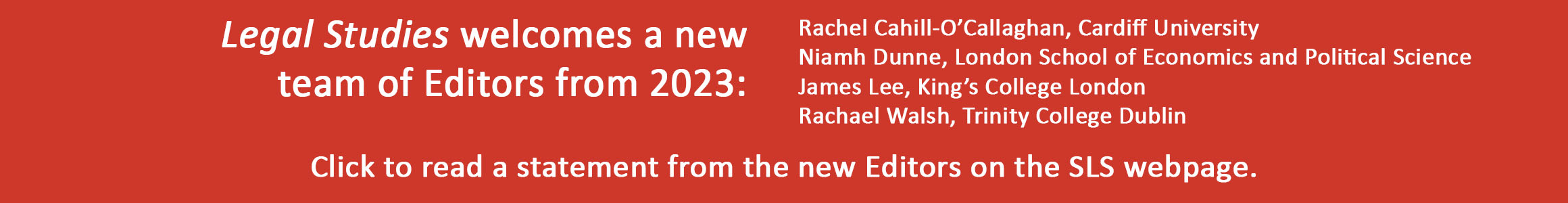 Banner listing new editorial team for Legal Studies from 2023